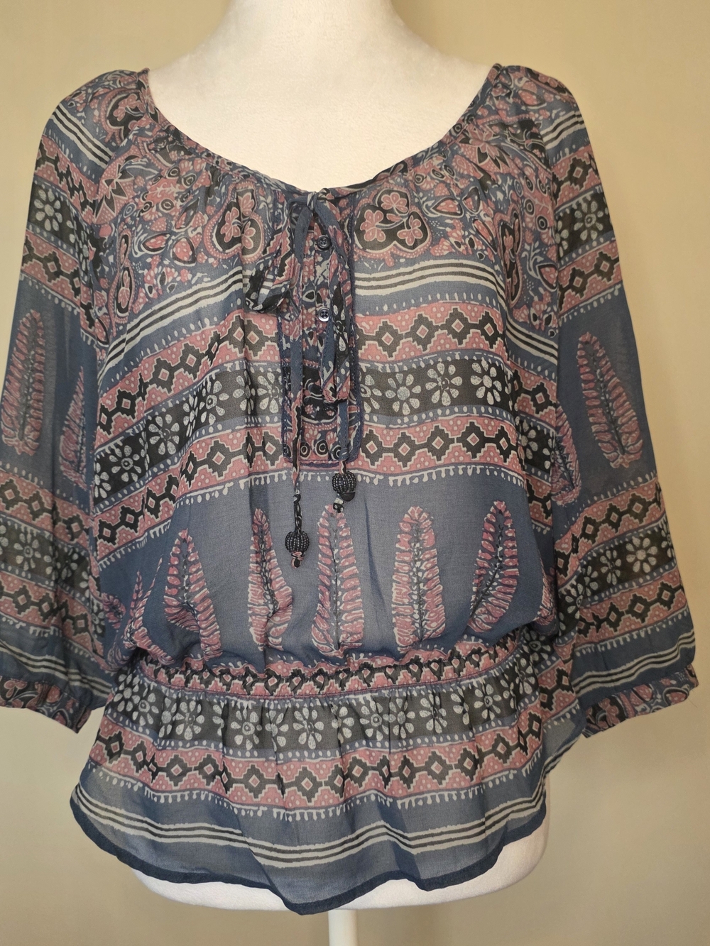 American Eagle Outfitters M Romantic Boho Paisley Peasant Hippy Tie 3/4 Sleeve